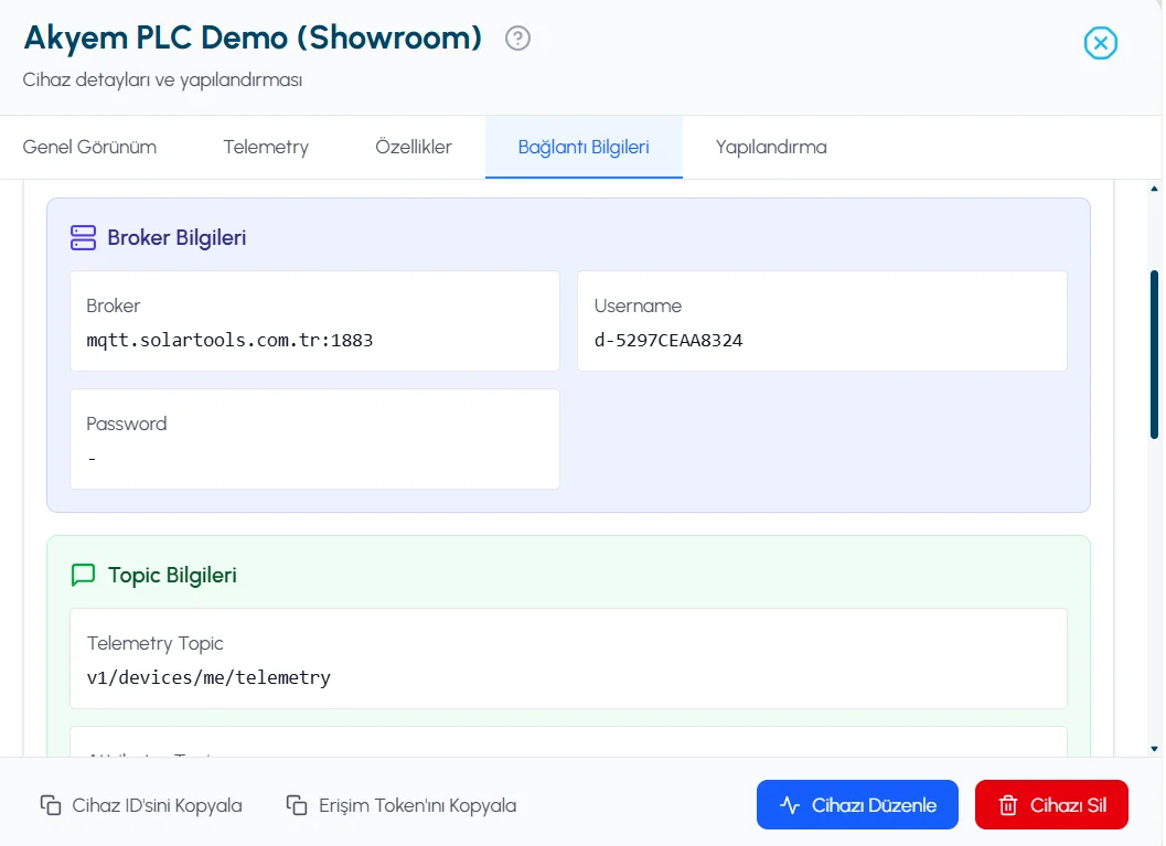 MQTT broker bilgileri