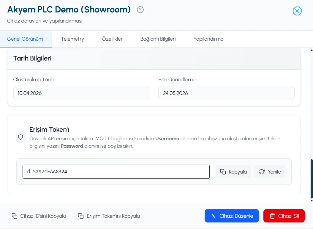 MQTT erişim token yönetimi