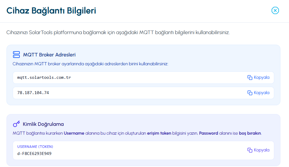 MQTT broker bağlantı bilgileri