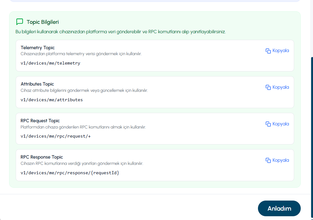 MQTT topic yapılandırma bilgileri