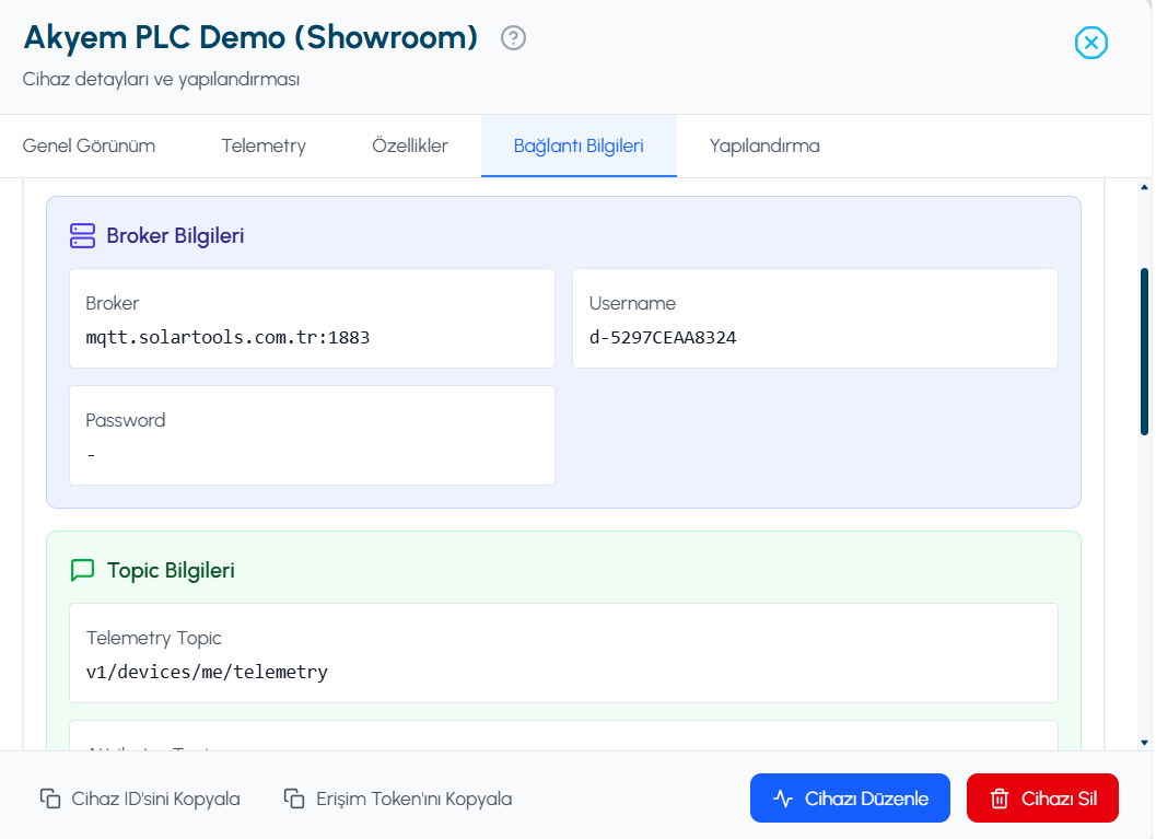 MQTT broker bilgileri