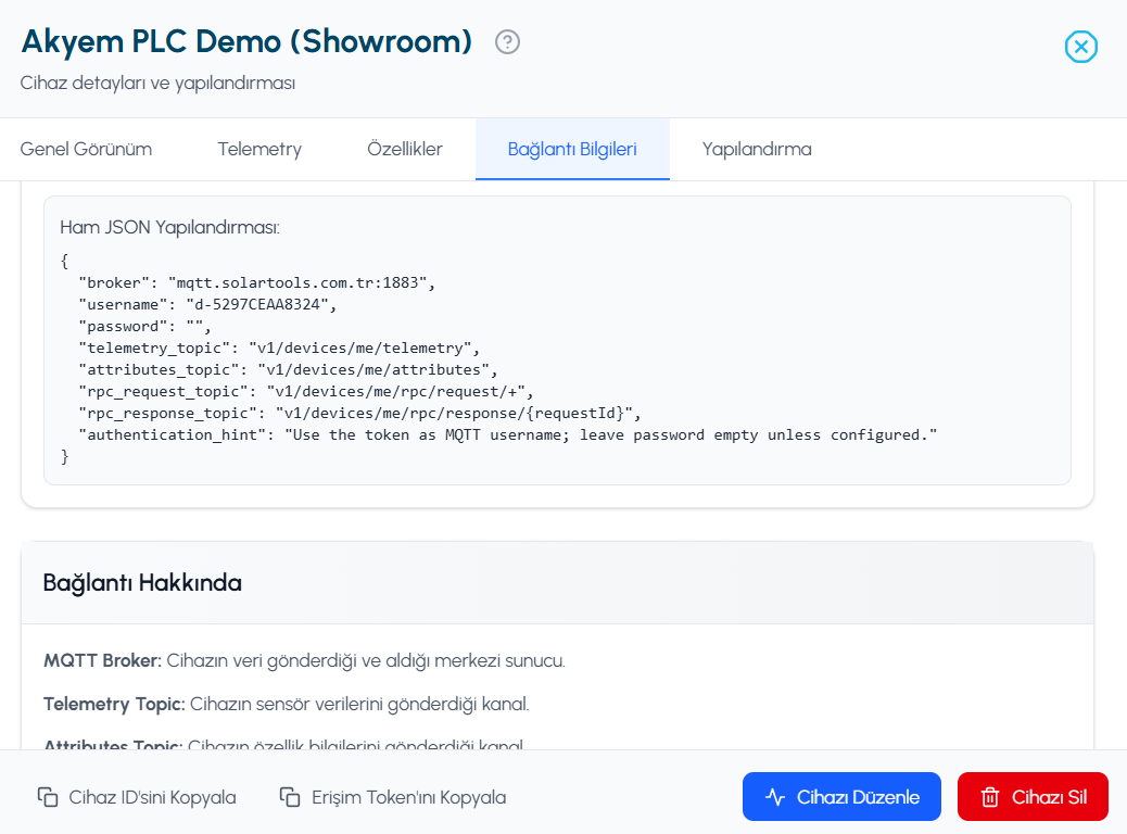 MQTT JSON yapılandırması