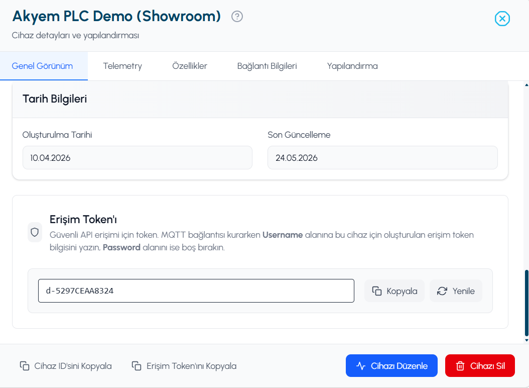 MQTT erişim token yönetimi