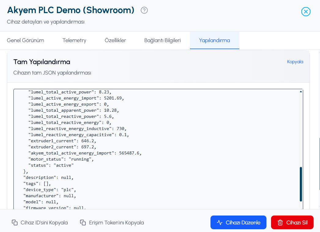 Tam JSON yapılandırması