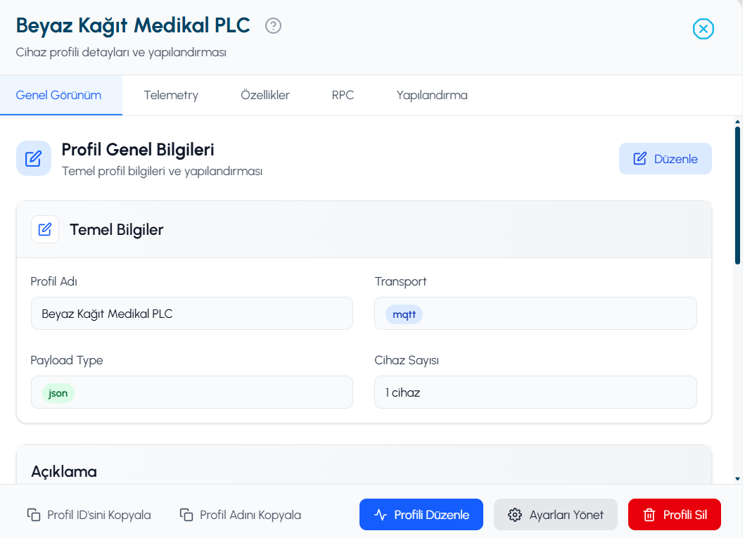 Cihaz profili temel bilgileri