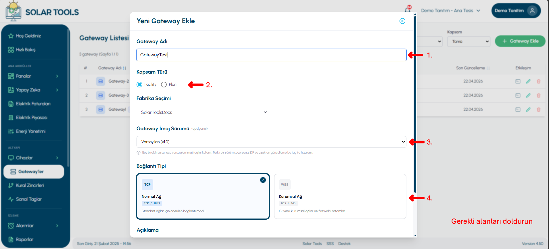 SolarTools Portal - Gateway Auth Key Kopyalama Ekranı