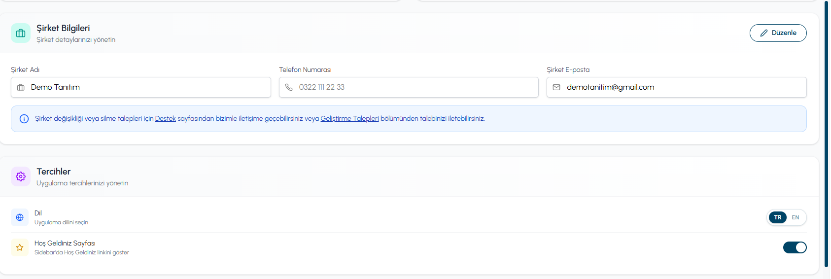 Şirket Bilgileri ve Tercihler