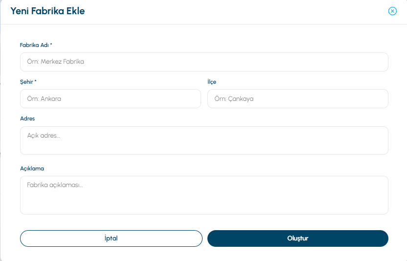 Yeni Fabrika Ekle Formu