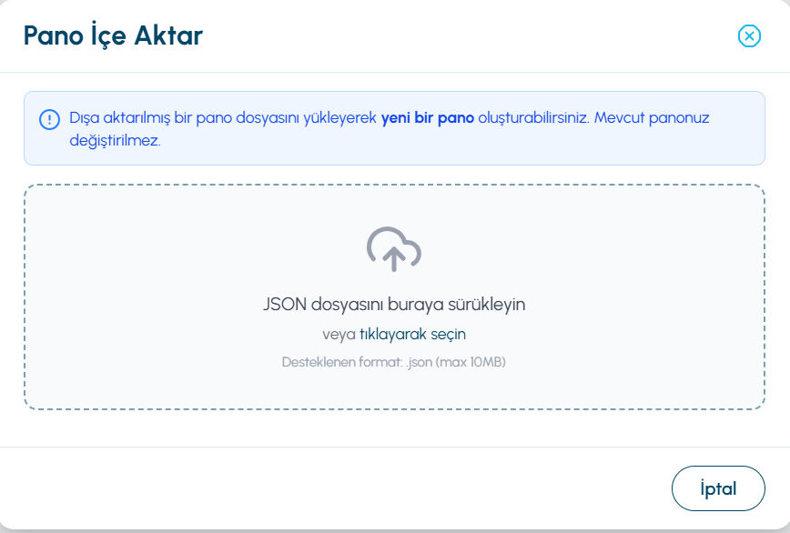 Pano içe aktarma ekranı